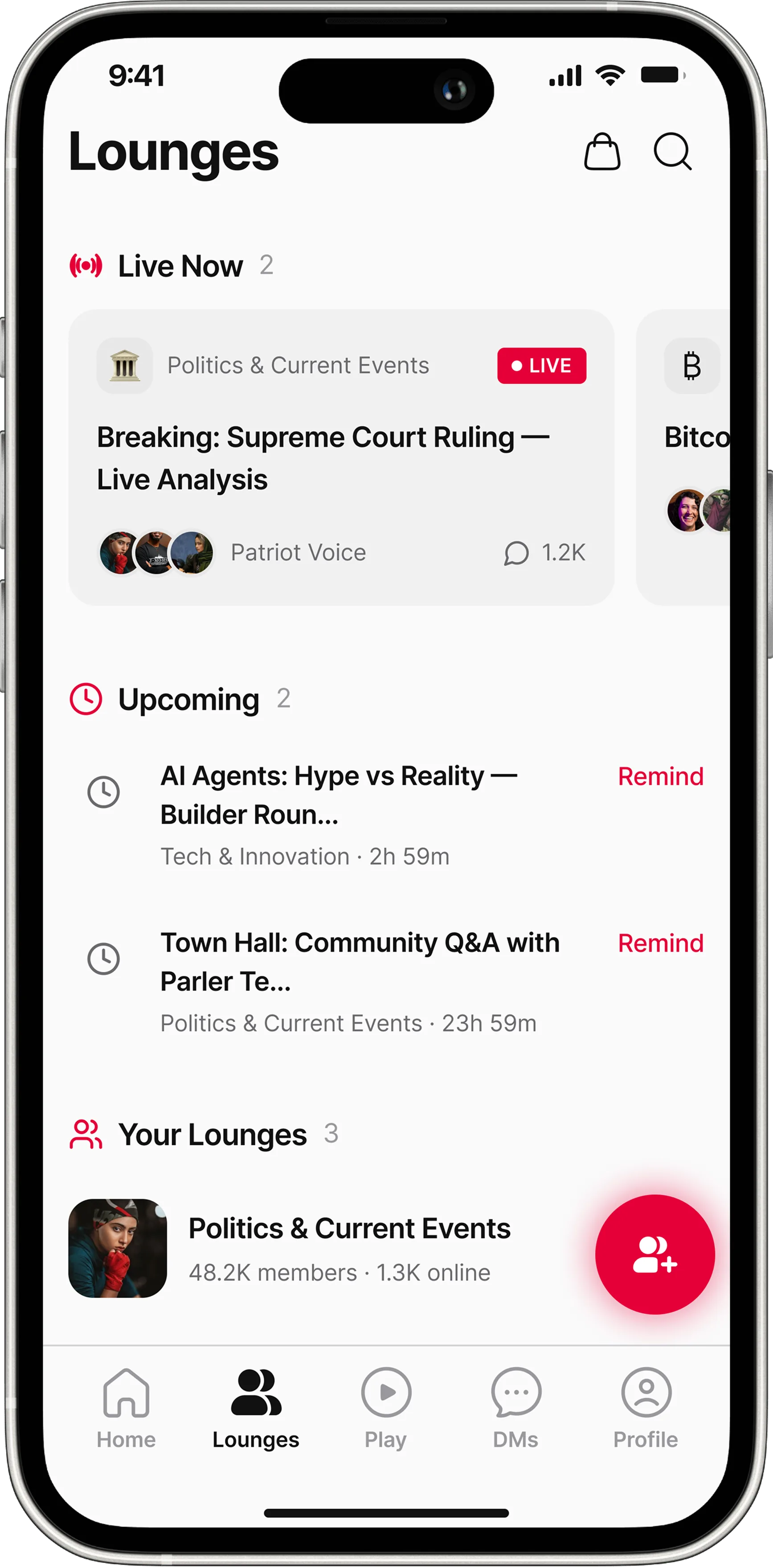 Parler Lounges, live audio rooms